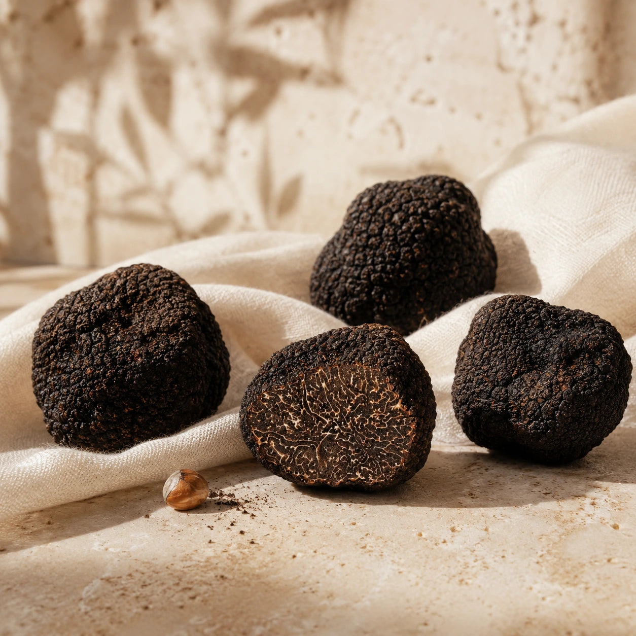 Close-up of Black Moscato Truffle Tuber brumale showing natural dark texture